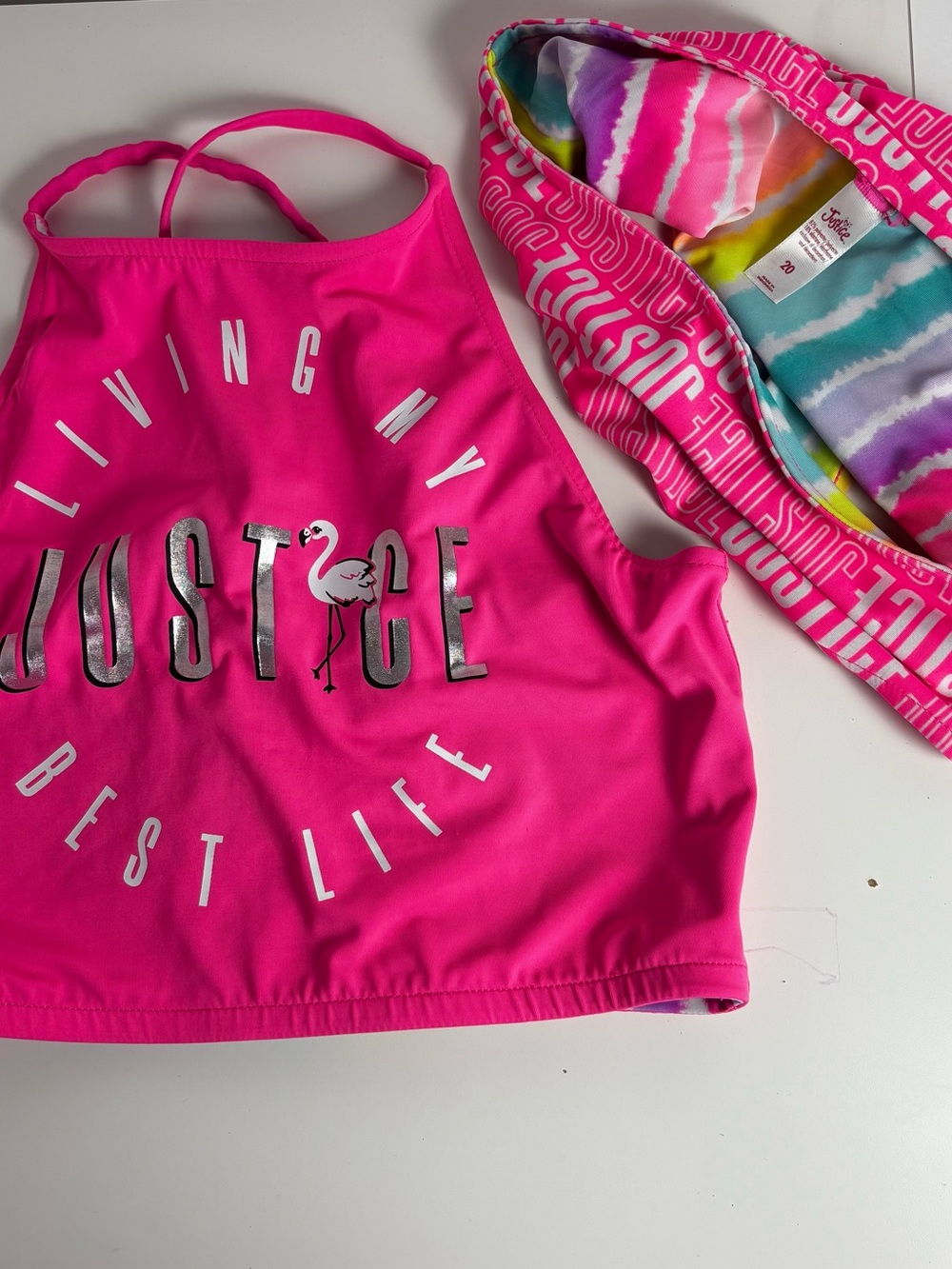 Justice 2 in 1 Reversible Hot Pink Girls Tankini with Multicolor Tie-Dye Bandeau